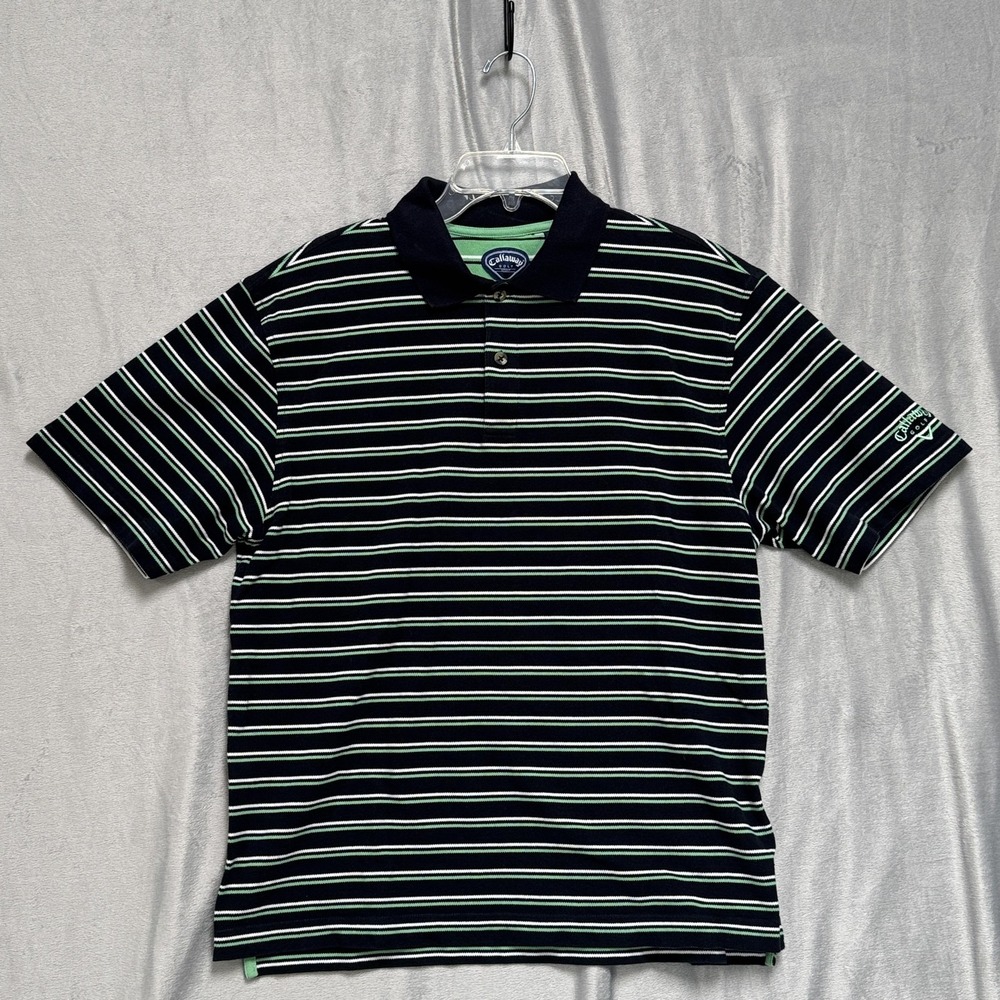 Callaway Golf Polo Shirt‎ Mens Medium Navy Blue Green Striped Sport Classic